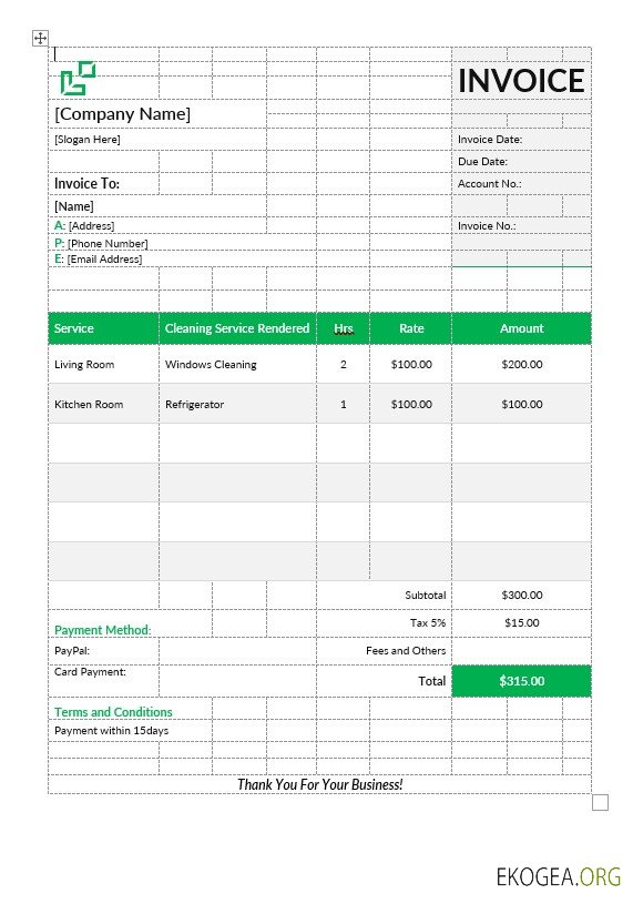 Modèle de facture de service de nettoyage de maison